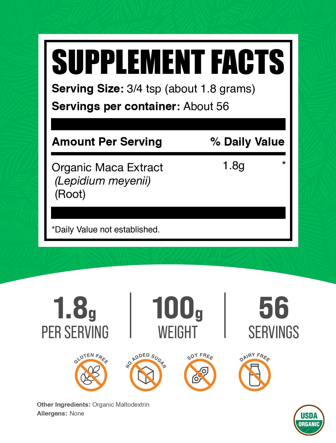Organic maca root extract powder label 100g