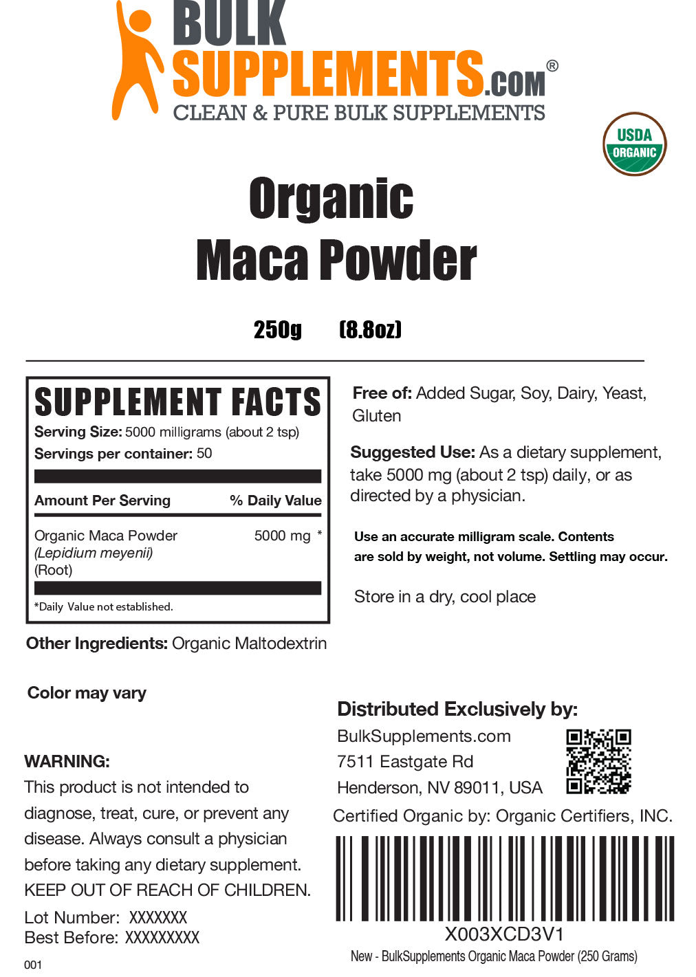 Organic Maca powder label 250g