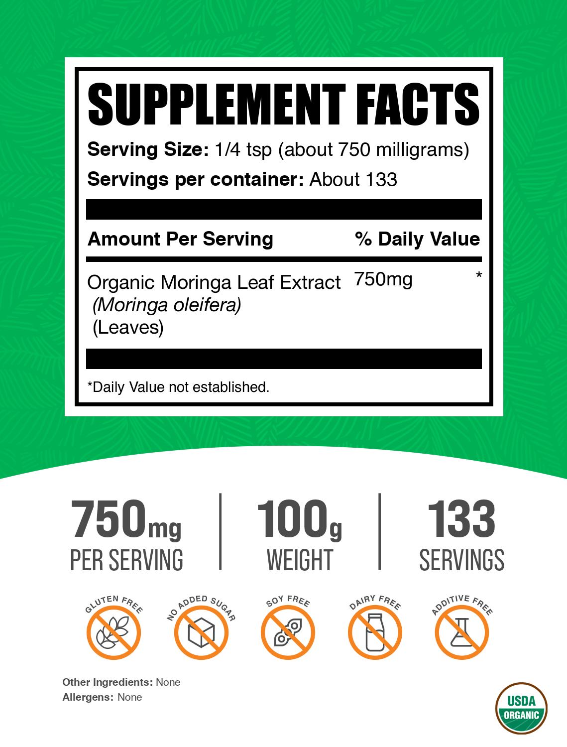 Organic moringa extract powder label 100g
