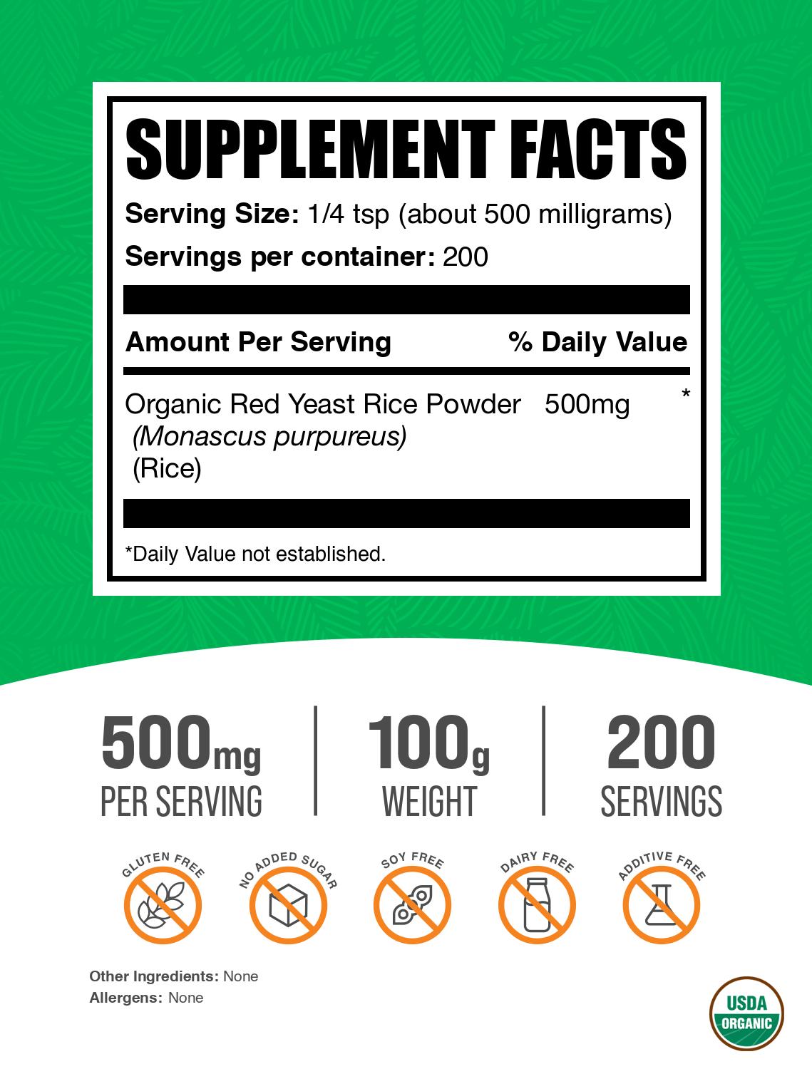 Organic red yeast rice powder label 100g