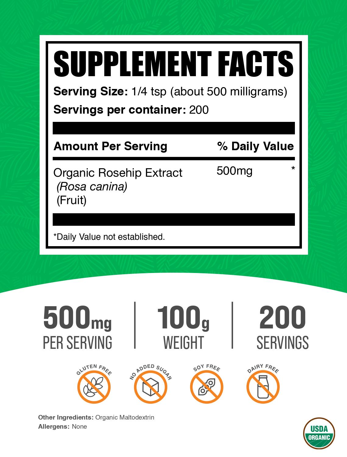 Organic rosehip extract powder label 100g