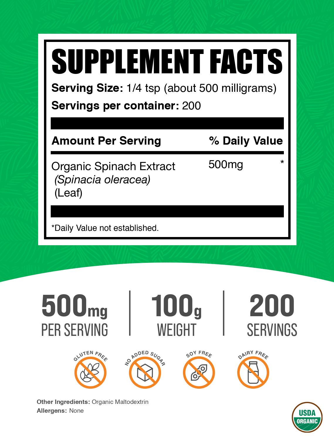 Organic spinach extract powder label 100g