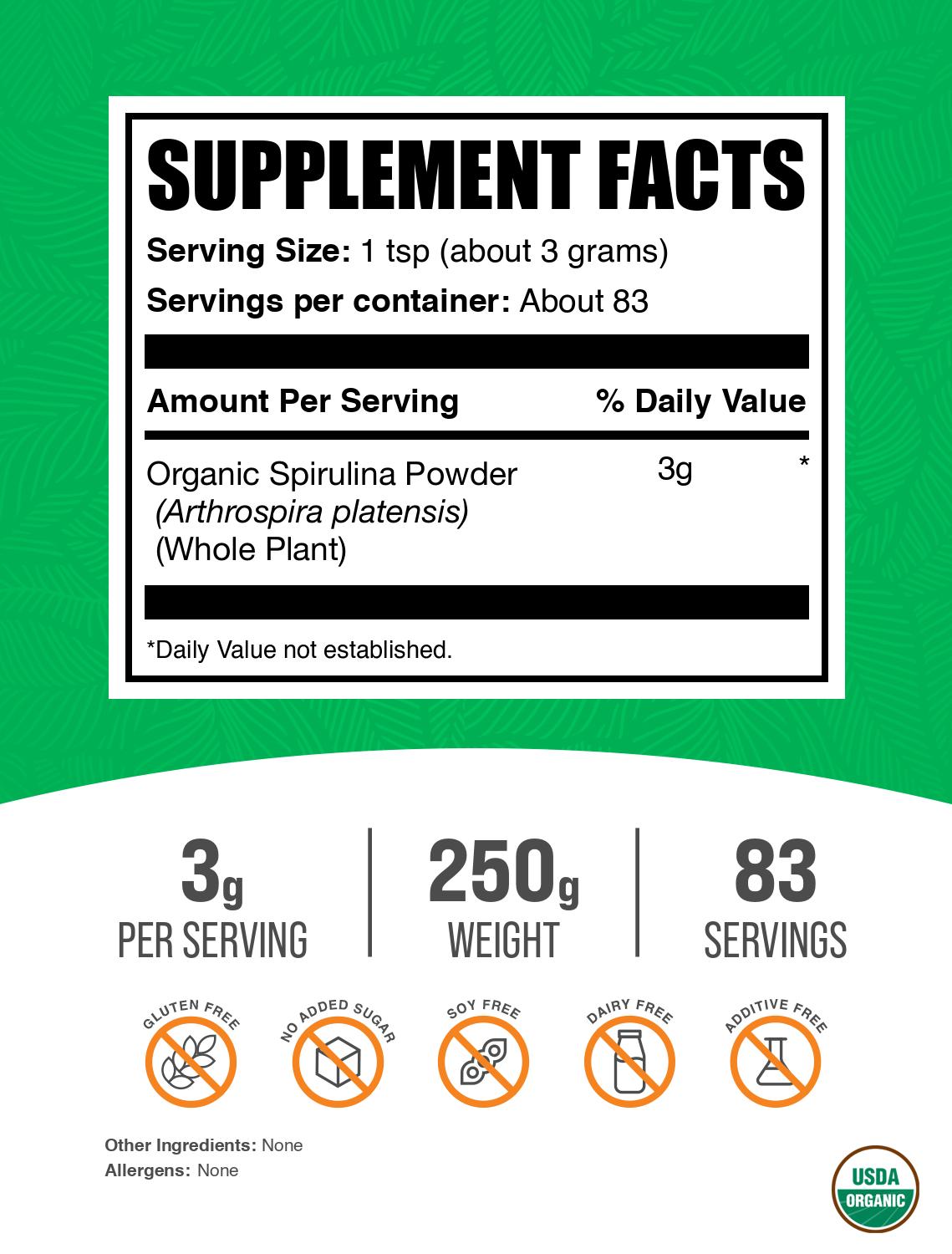 Organic spirulina powder label 250g
