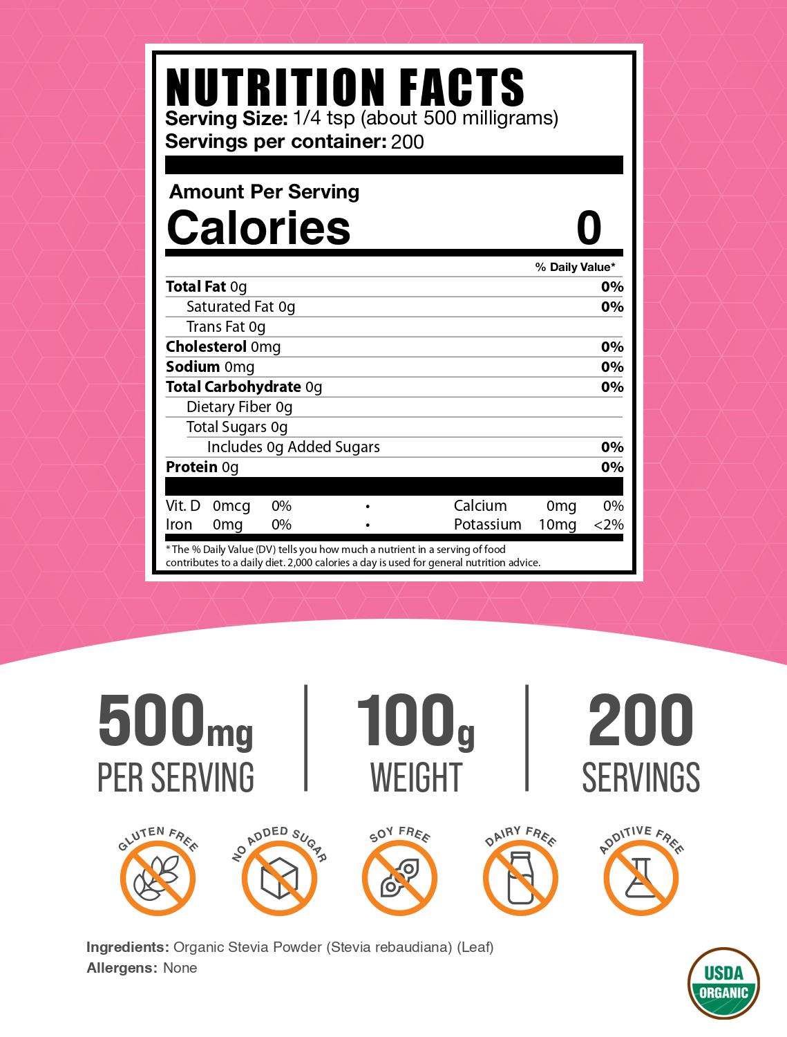 Organic stevia leaf powder label 100g