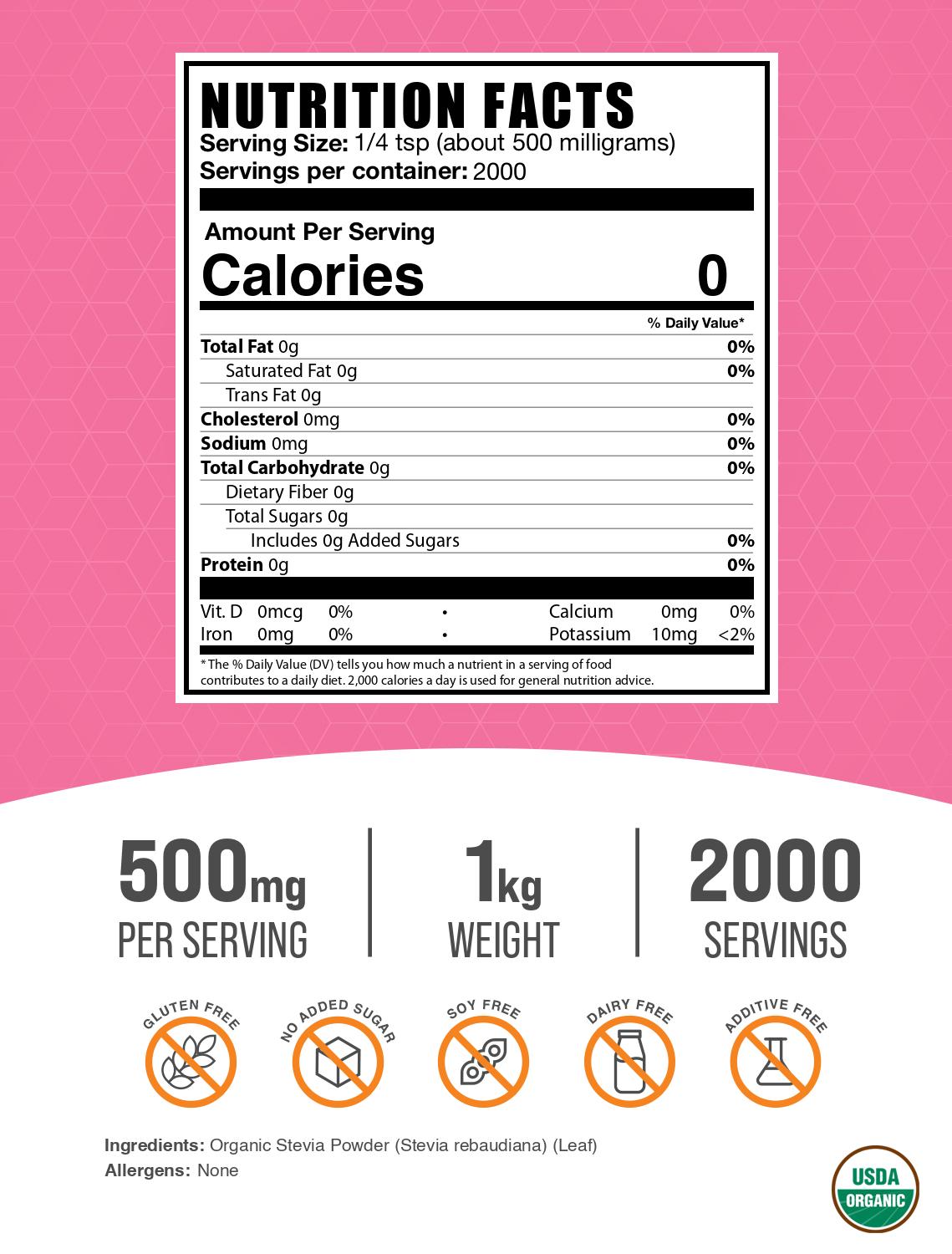 Organic stevia leaf powder label 1kg