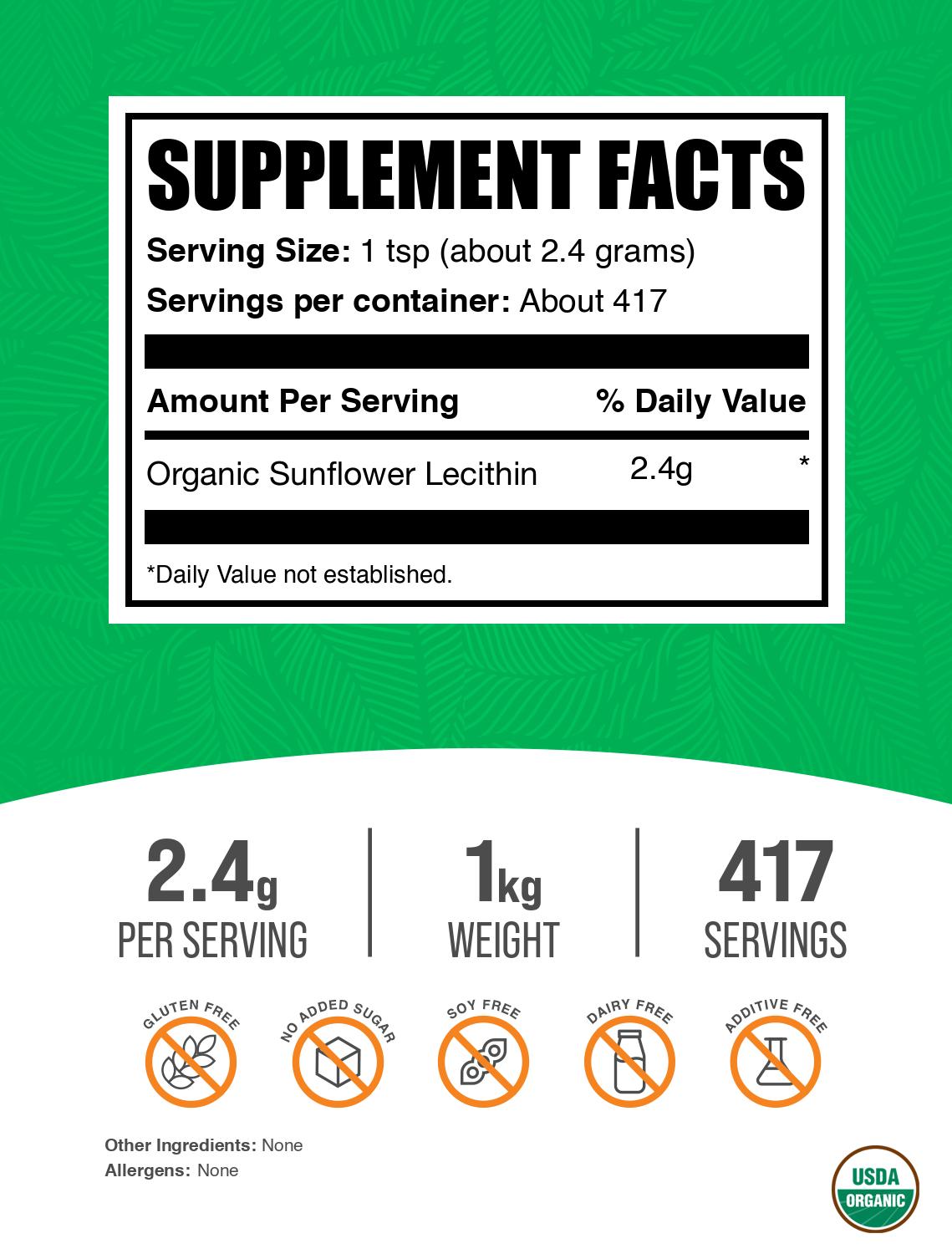 Organic sunflower lecithin powder label 1kg