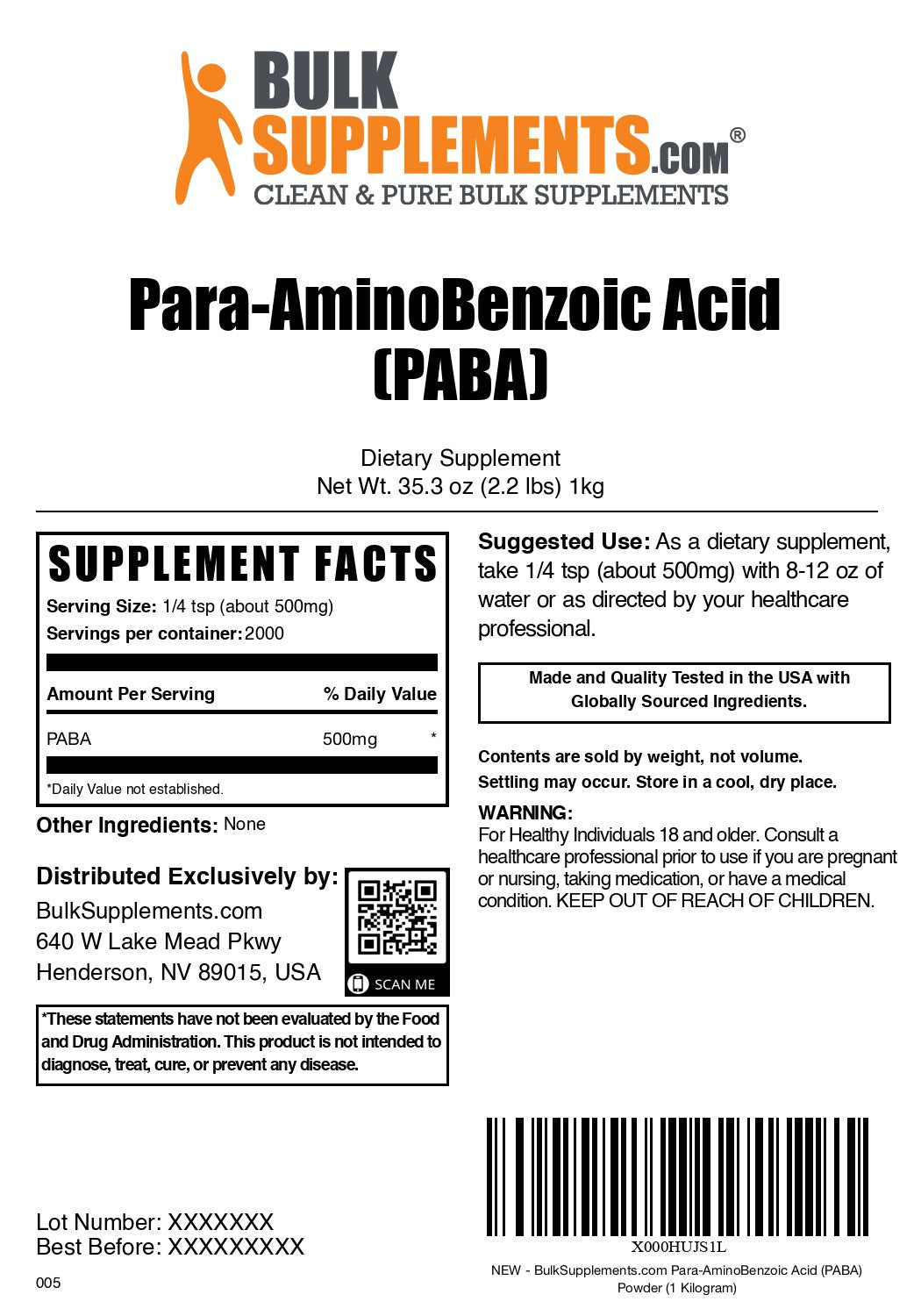 Para-Aminobenzoic Acid (PABA) Powder 1kg label