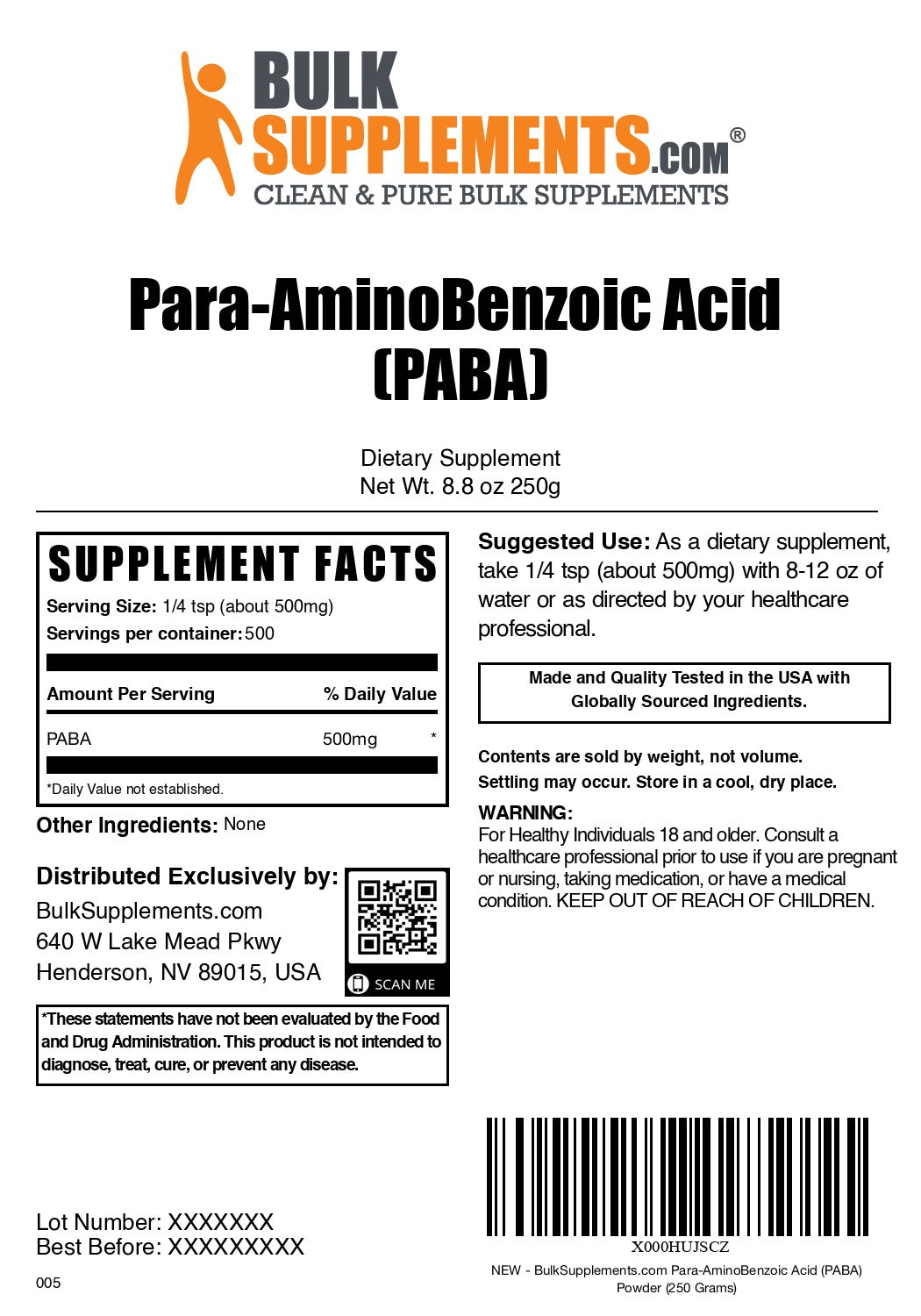 Para-Aminobenzoic Acid (PABA) Powder 250g label