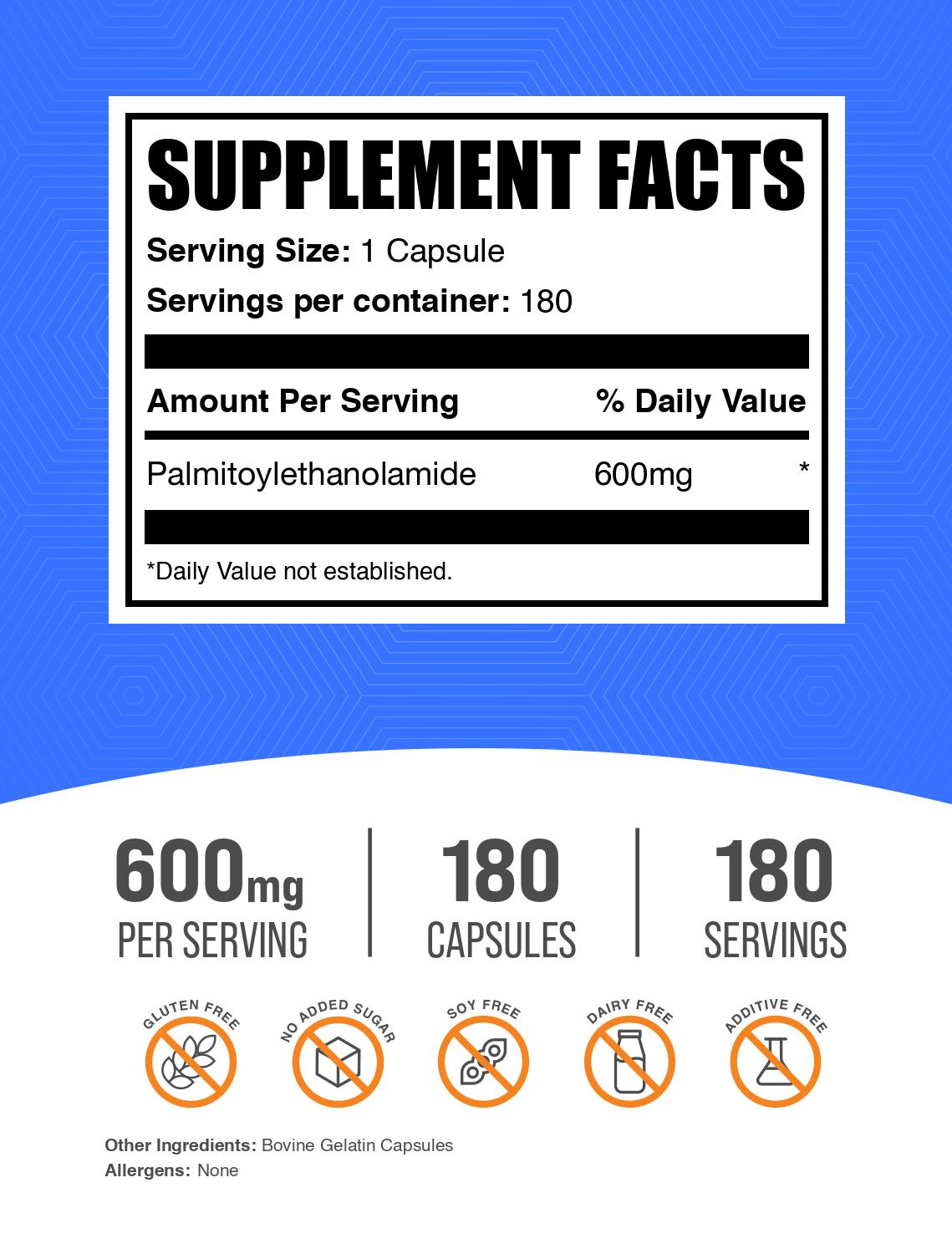 Palmitoylethanolamide (PEA) 180 capsules label