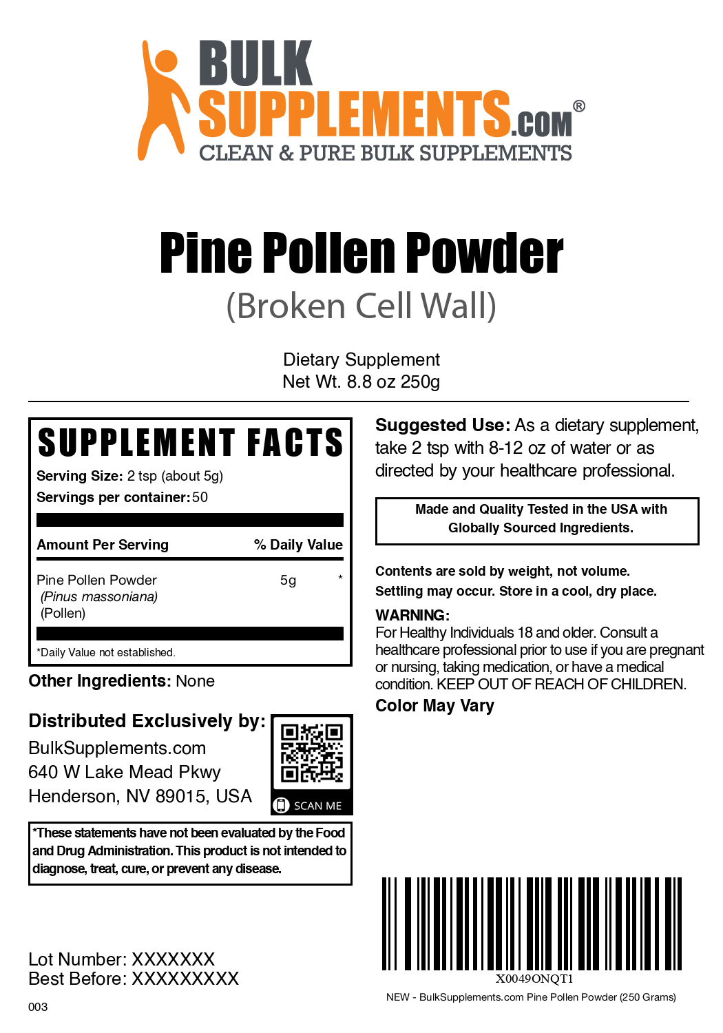 Pine pollen powder label 250g