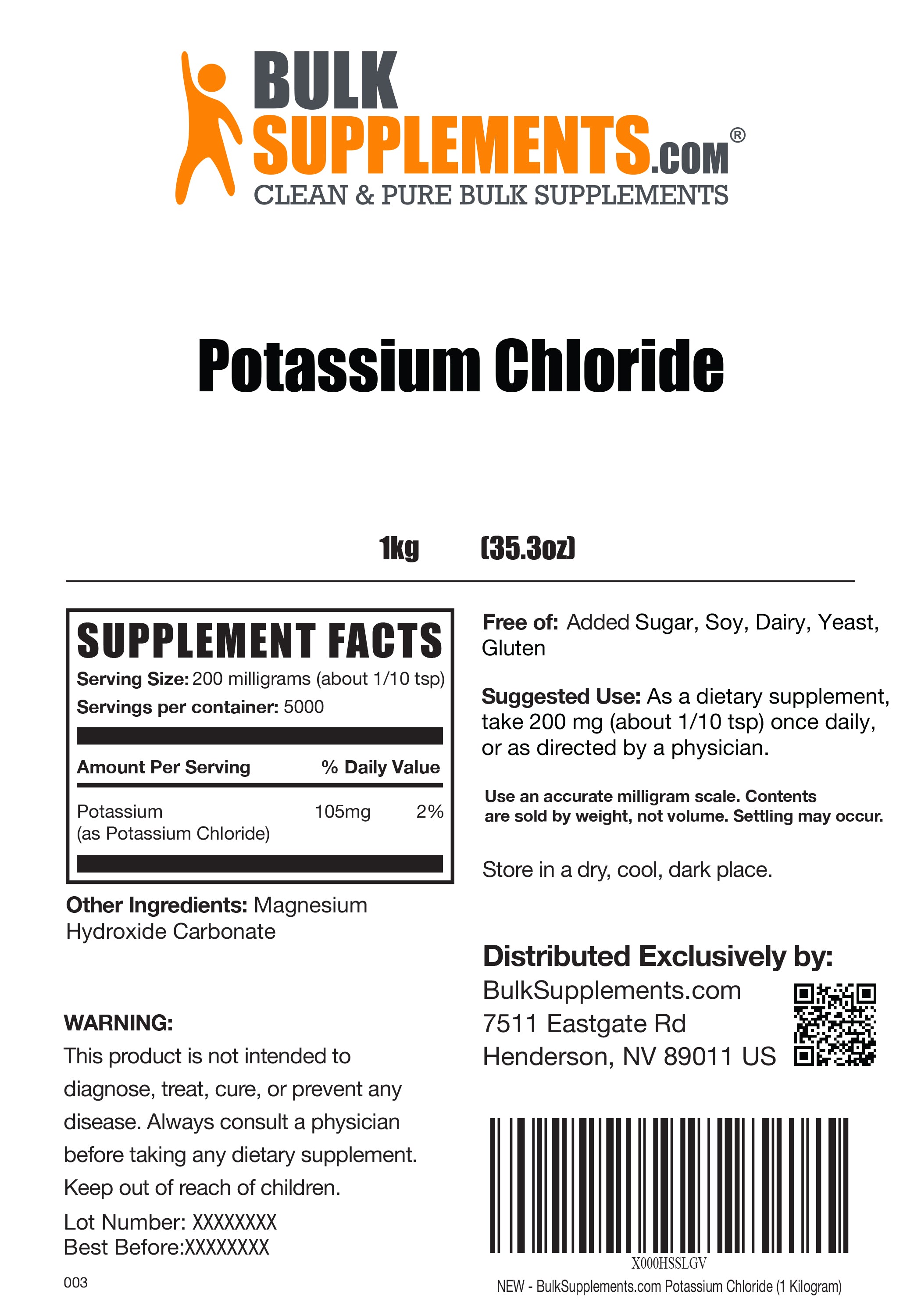 Potassium chloride powder label 1kg