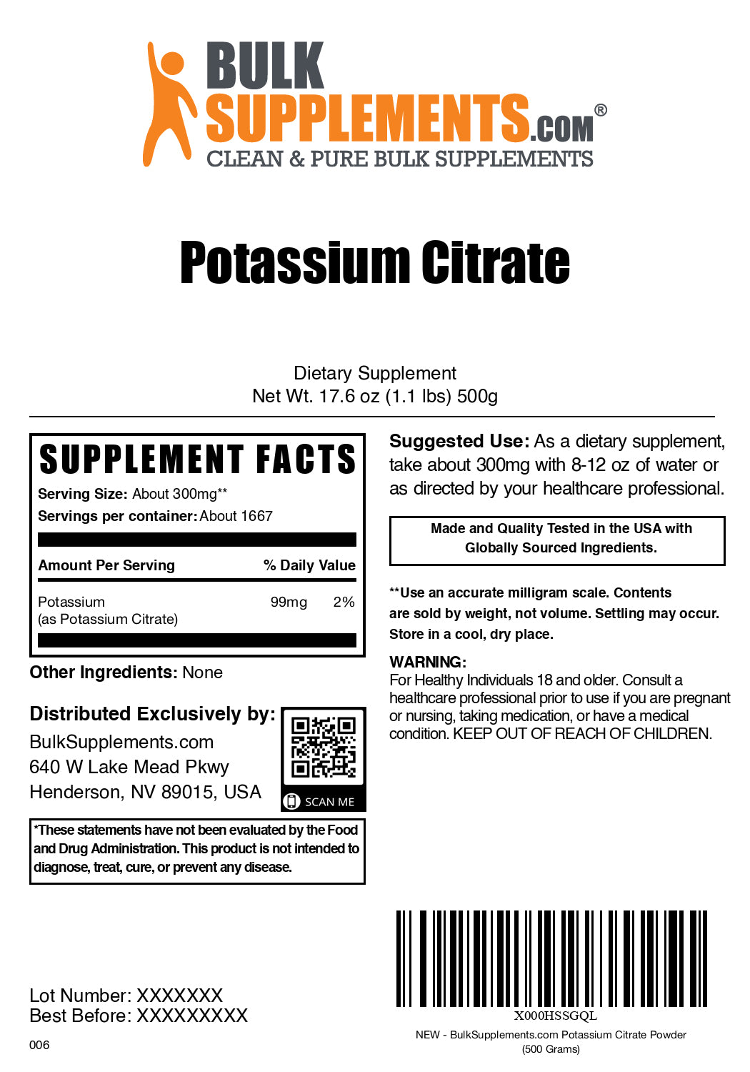 Potassium Citrate powder label 500g