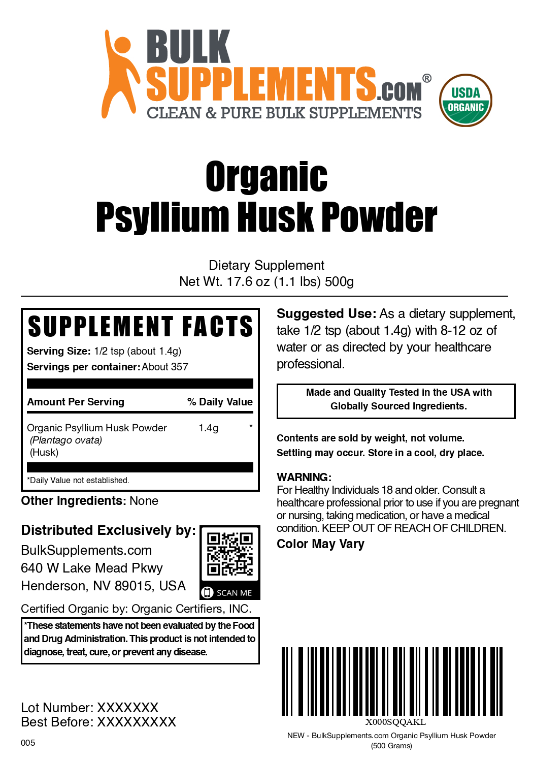 Organic psyllium husk powder label 500g