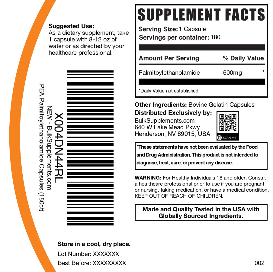 Palmitoylethanolamide (PEA) 180 capsules label