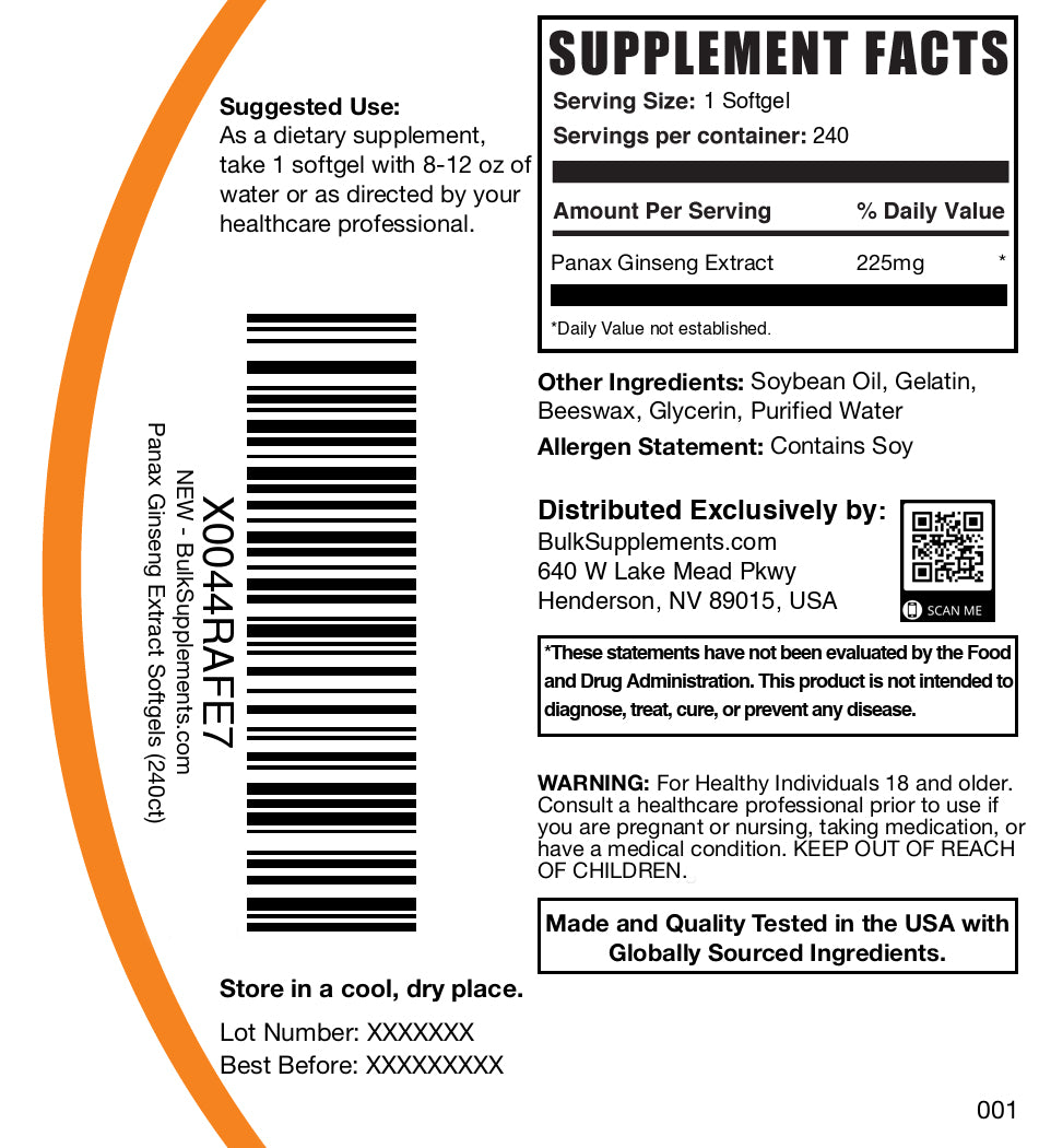 Panax ginseng 240 softgels label