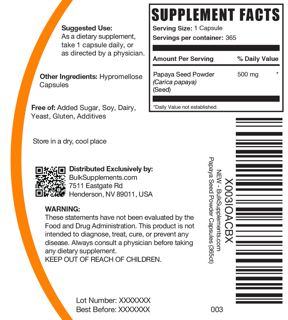 Papaya seed capsules 365 ct label