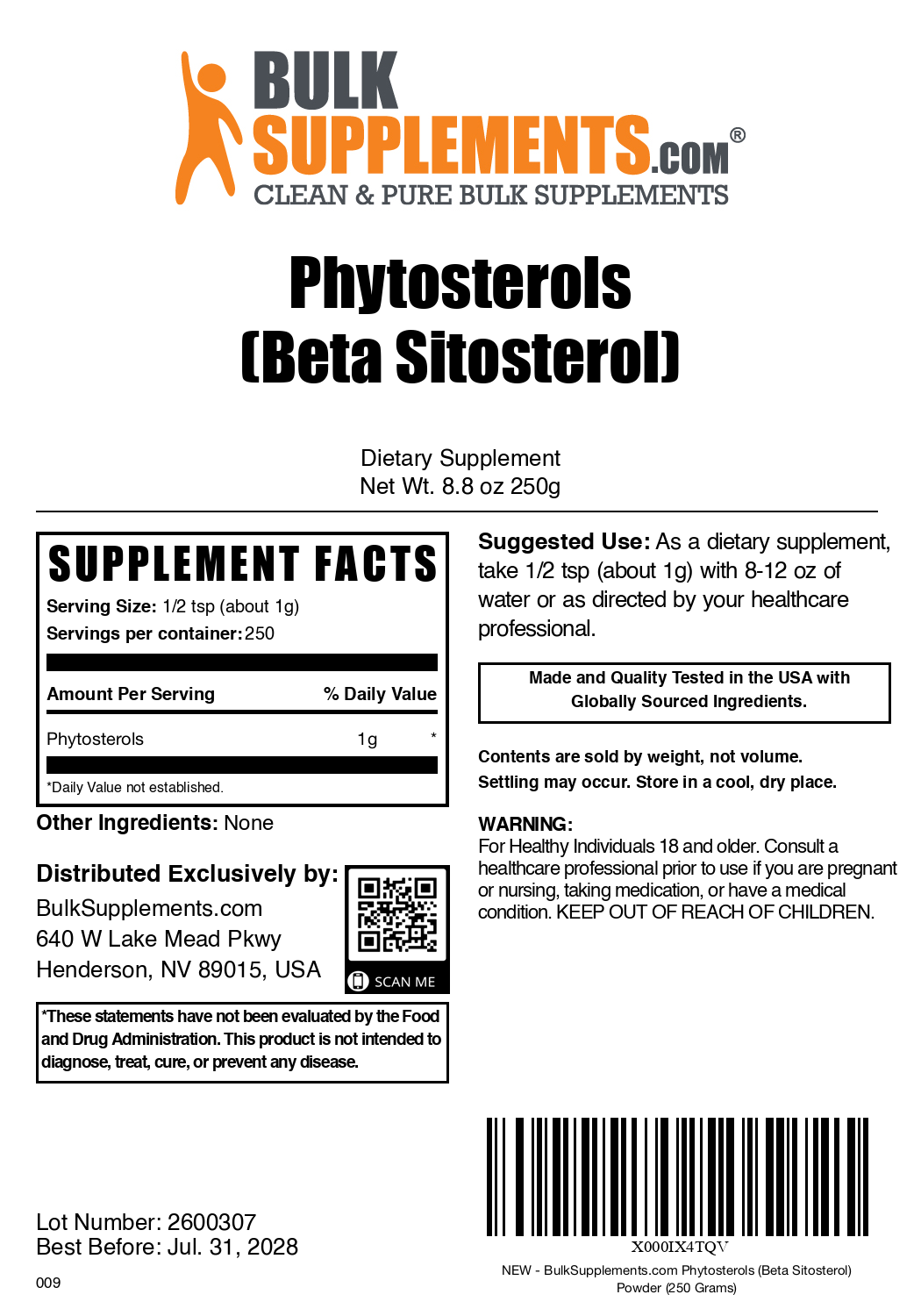 Phytosterols Powder 250g Plain Label