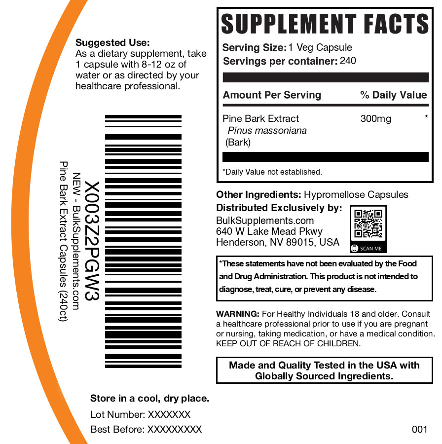 Pine bark extract 240 capsules label
