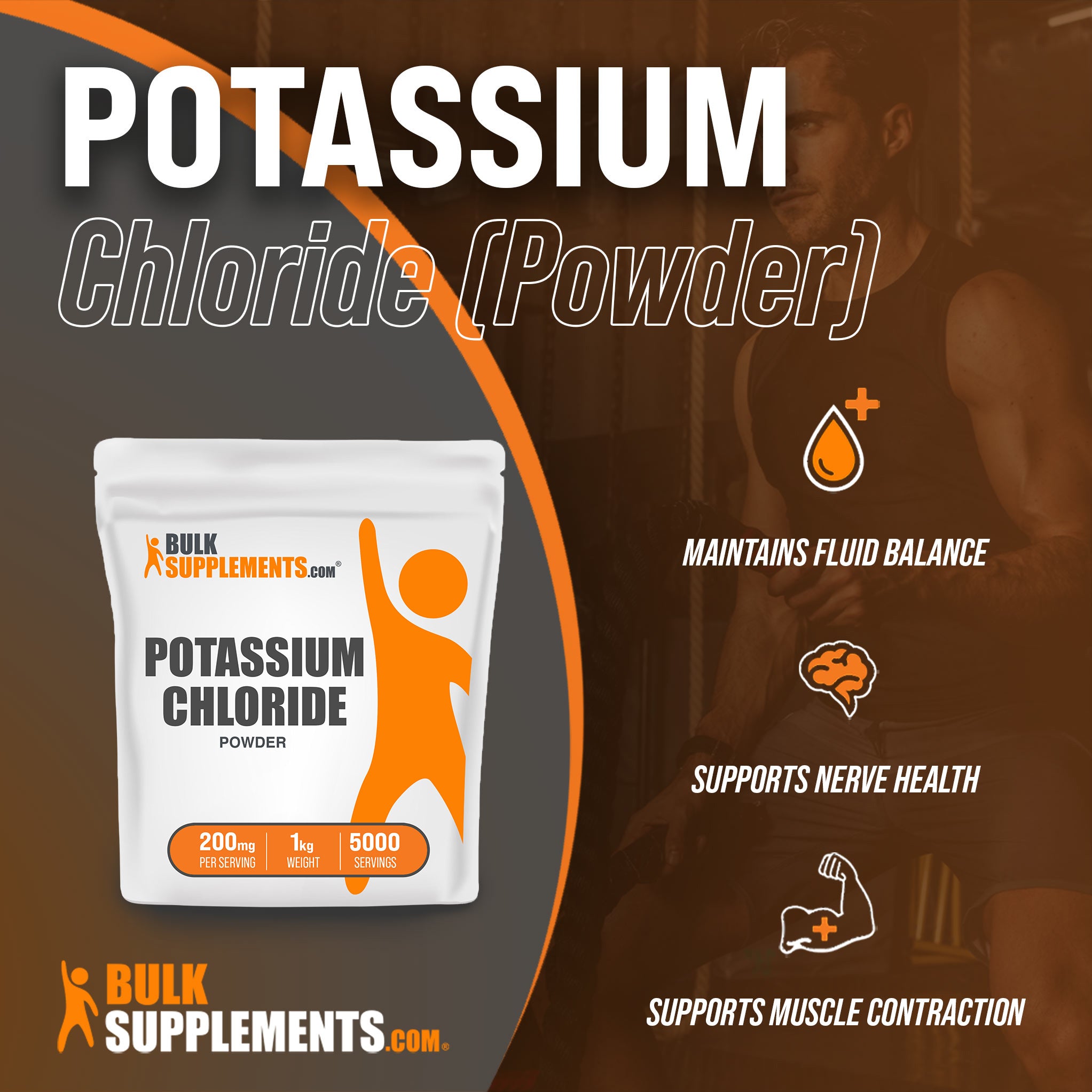 Benefits of Potassium Chloride: maintains fluid balance, supports nerve health, supports muscle contraction