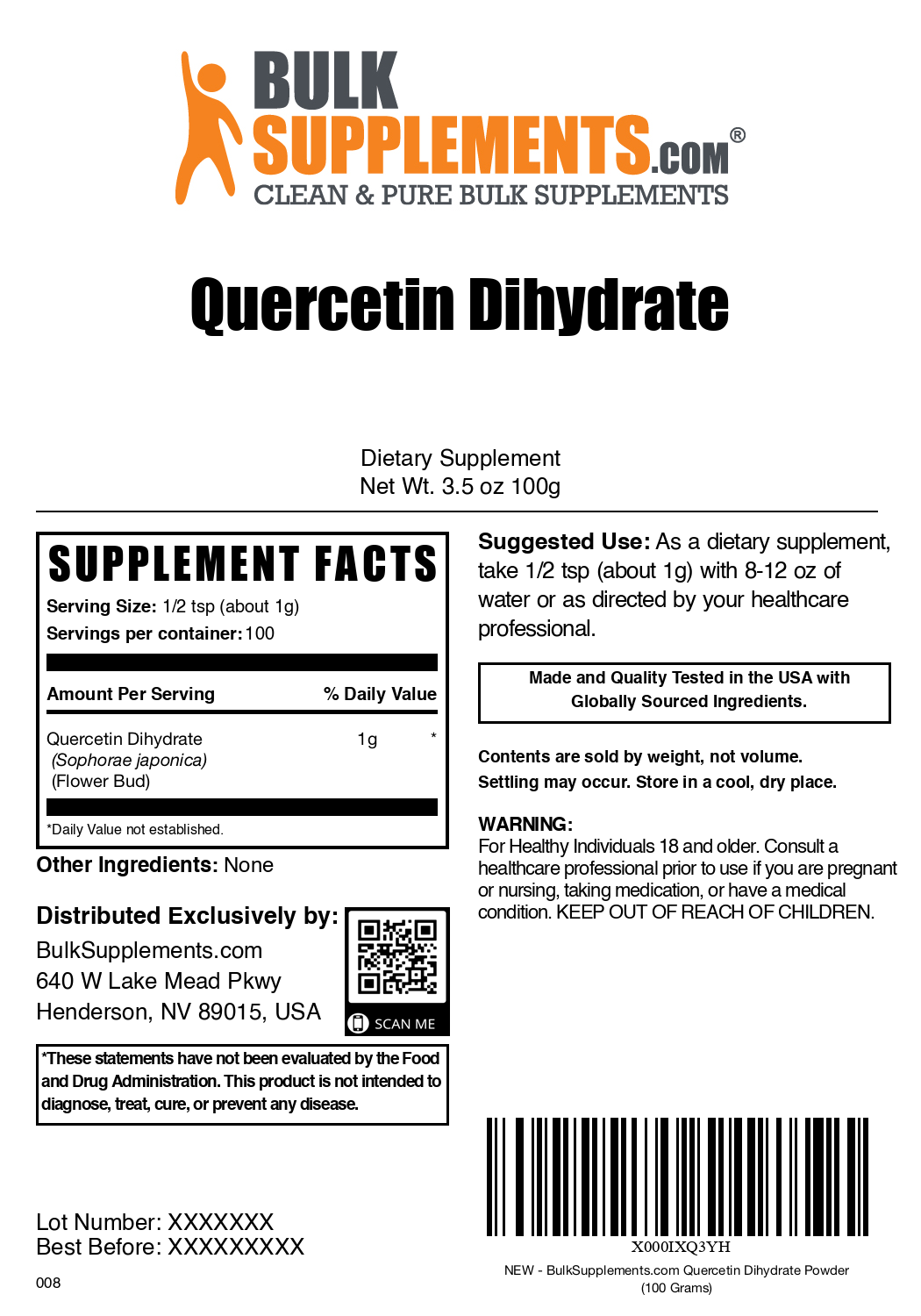 Quercetin Dihydrate Powder 100g Label