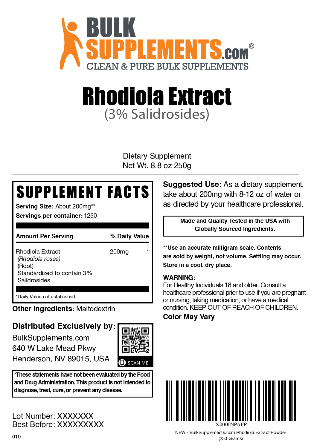 Rhodiola extract (3% salidroside) powder label 250g