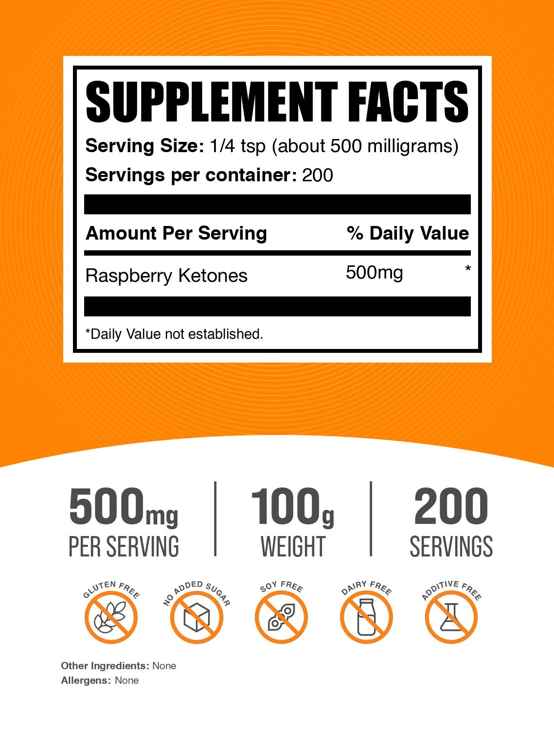 Raspberry ketones powder label 100g