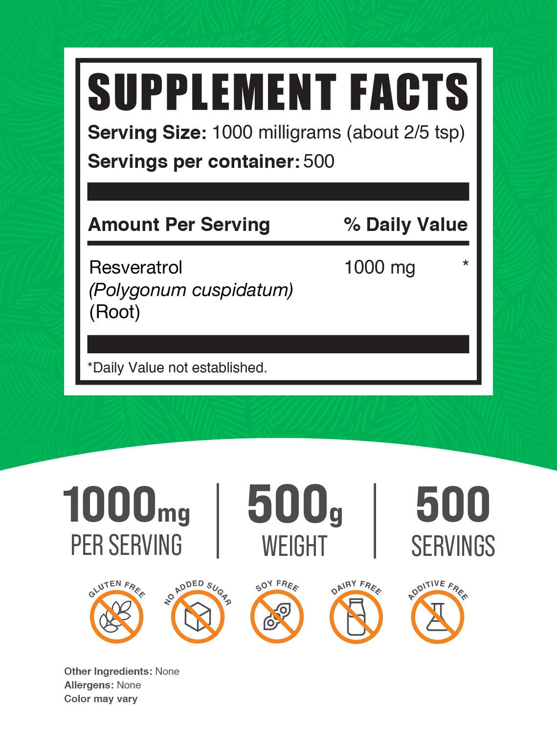 Resveratrol (98% Pure) Powder 500g Label