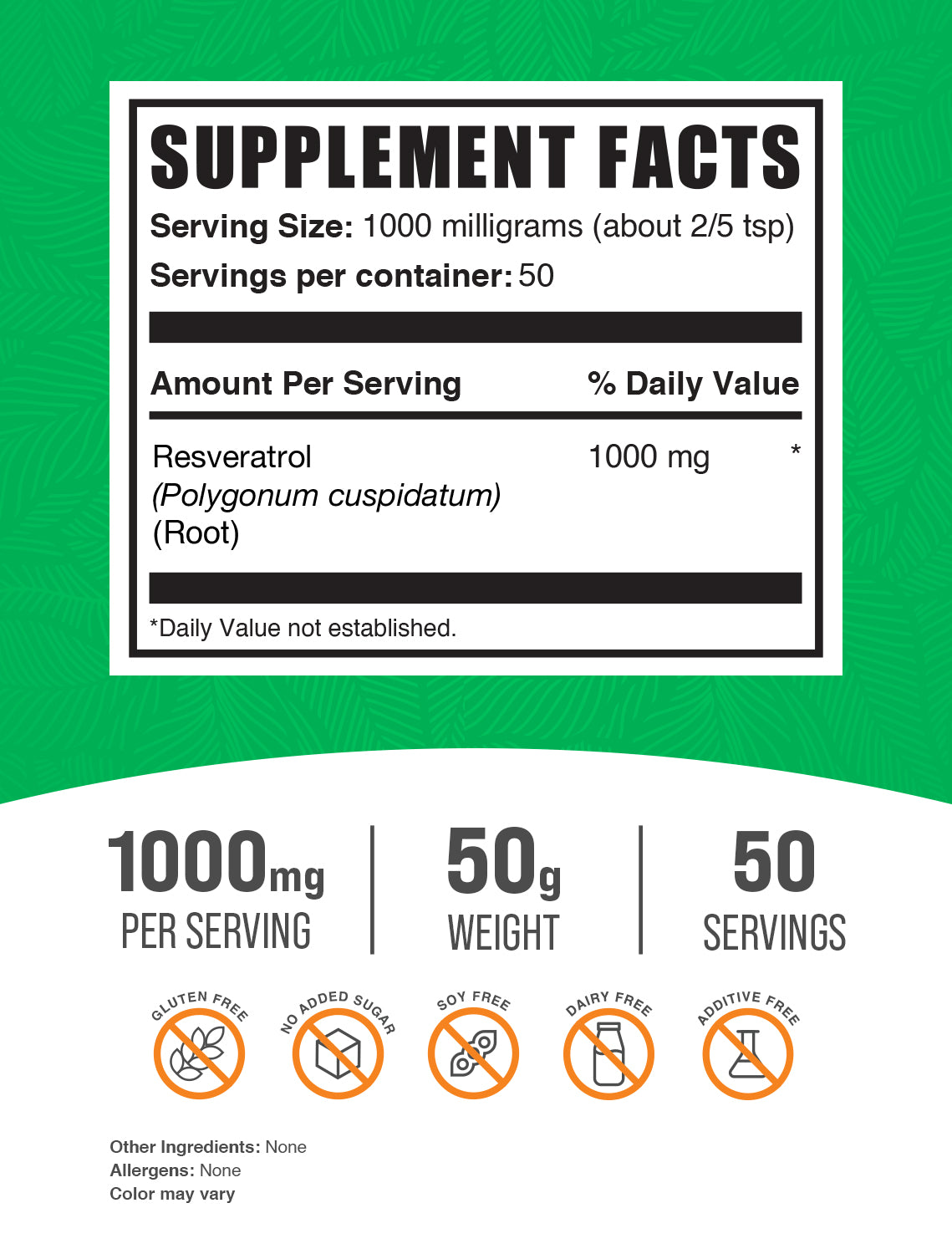 Resveratrol (98% Pure) Powder 50g Label