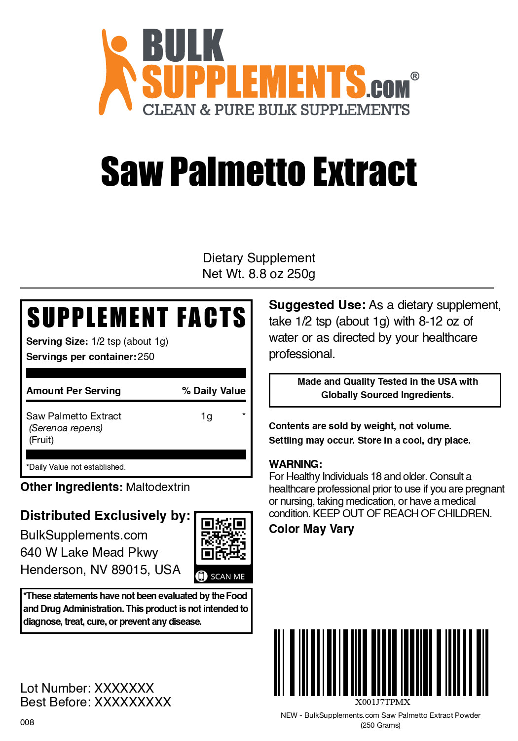 Saw palmetto extract powder label 250g
