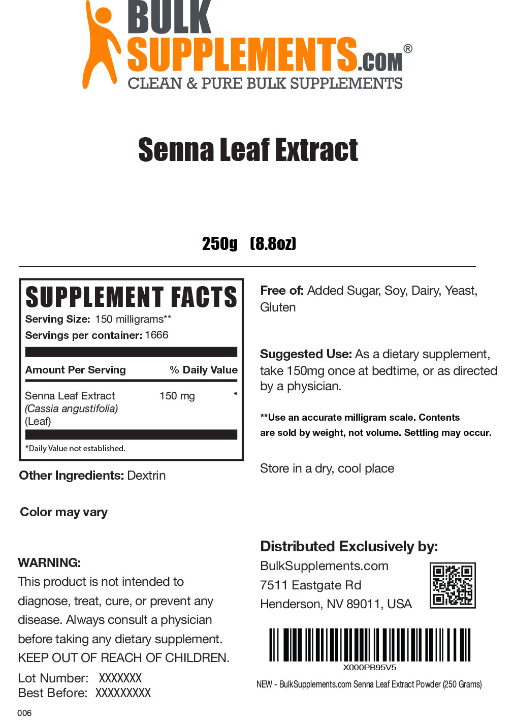 Senna Leaf Extract powder label 250g
