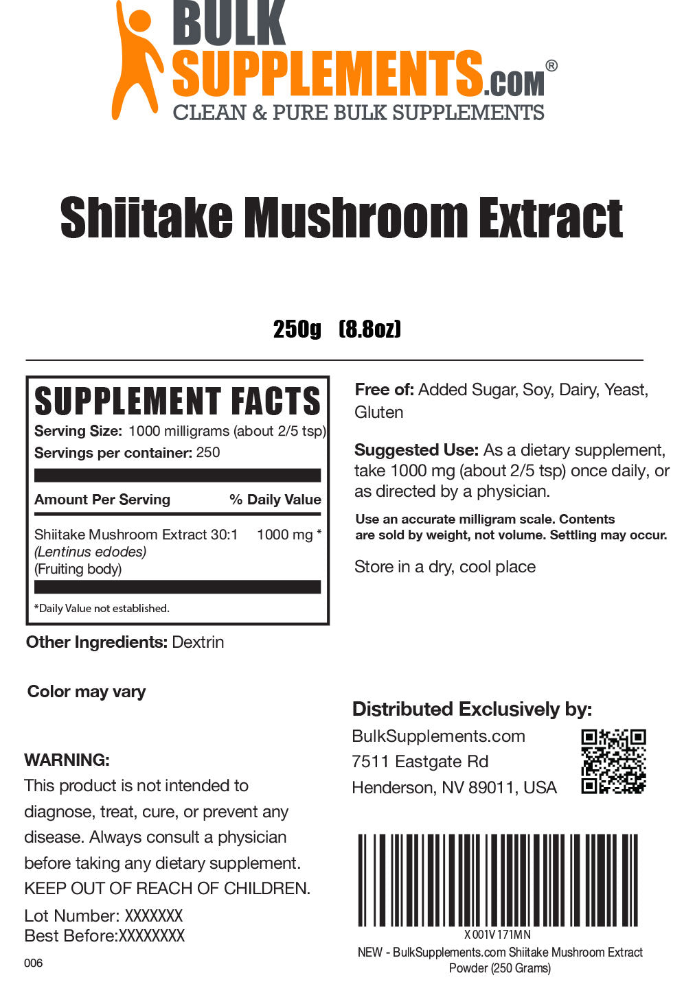 Shiitake Mushroom Extract Label 250g