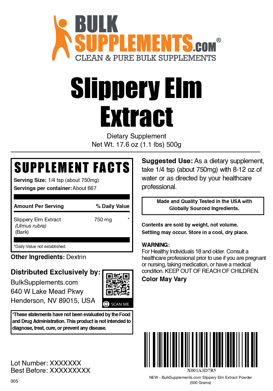 Slippery elm bark extract powder label 500g