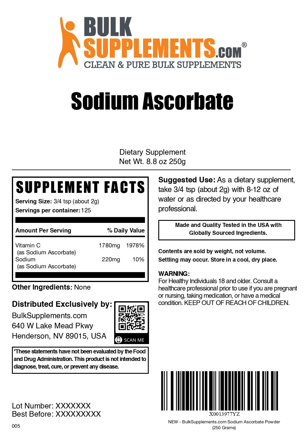Sodium Ascorbate Powder 250g label