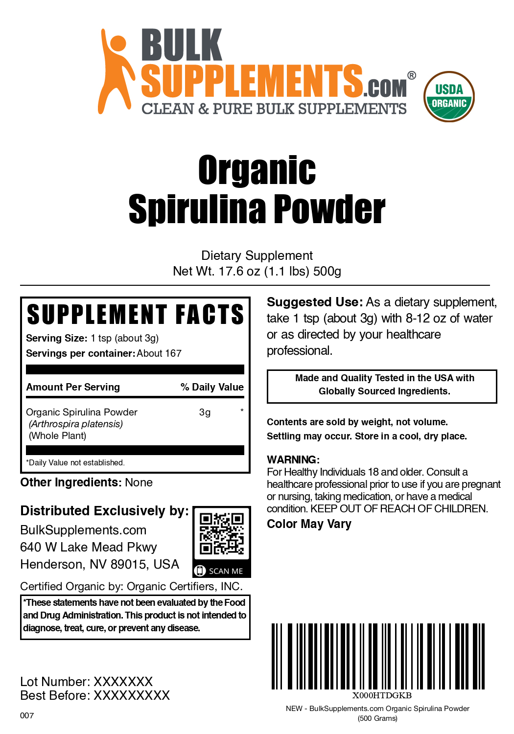 Organic spirulina powder label 500g