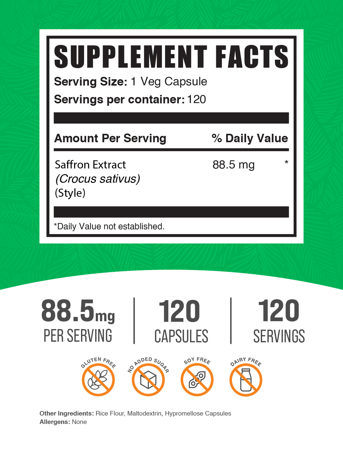 Saffron extract 120 capsules label
