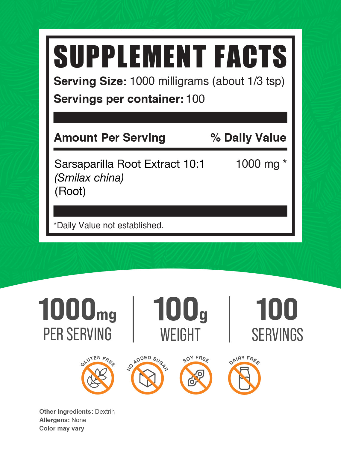 Sarsaparilla Root Extract 100g Label