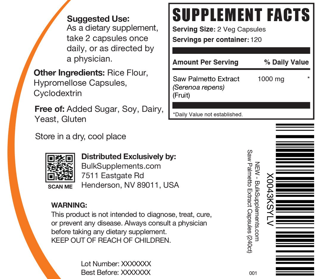 Saw Palmetto Extract 240 ct Capsules label
