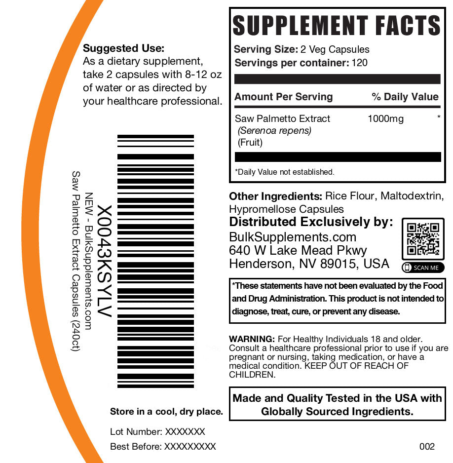 Saw palmetto extract 240 capsules label