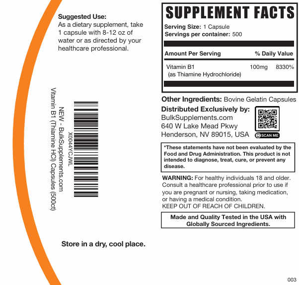 Vitamin B1 (Thiamine HCl) Capsules Plain Label