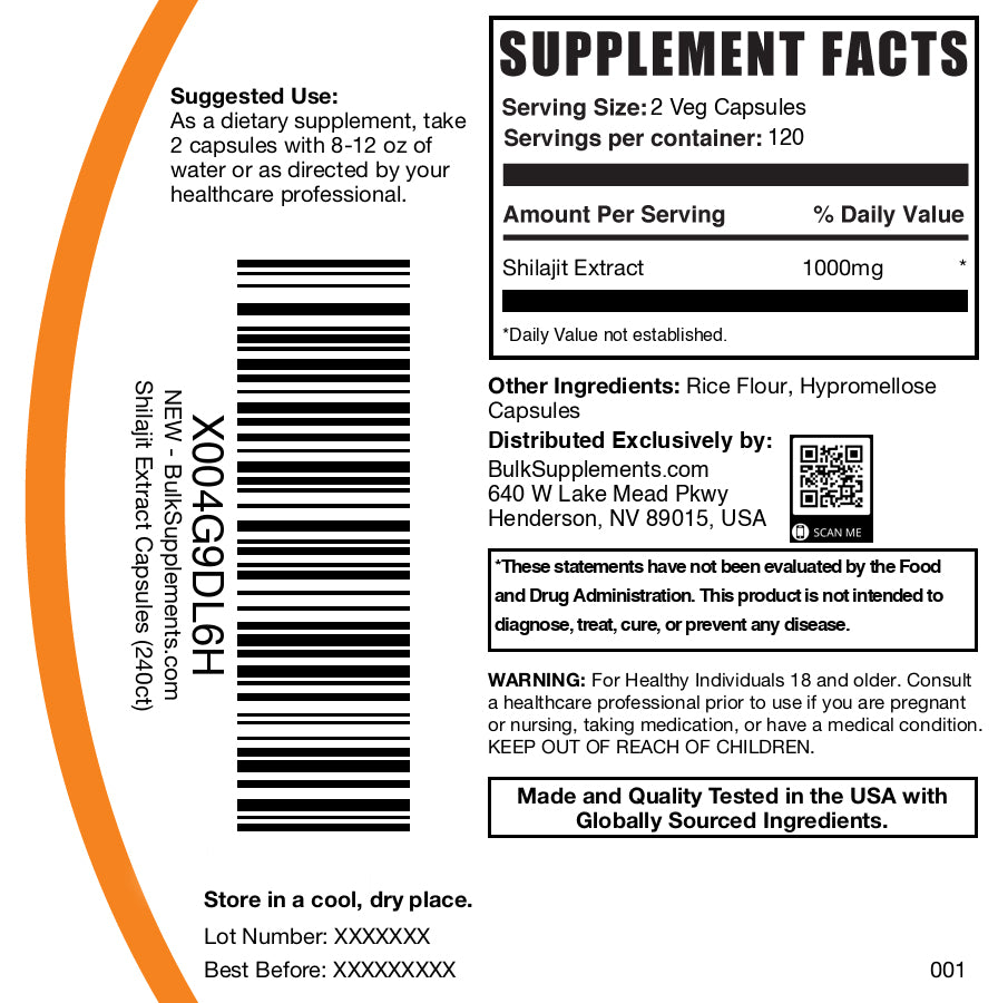 Shilajit extract 240 capsules label
