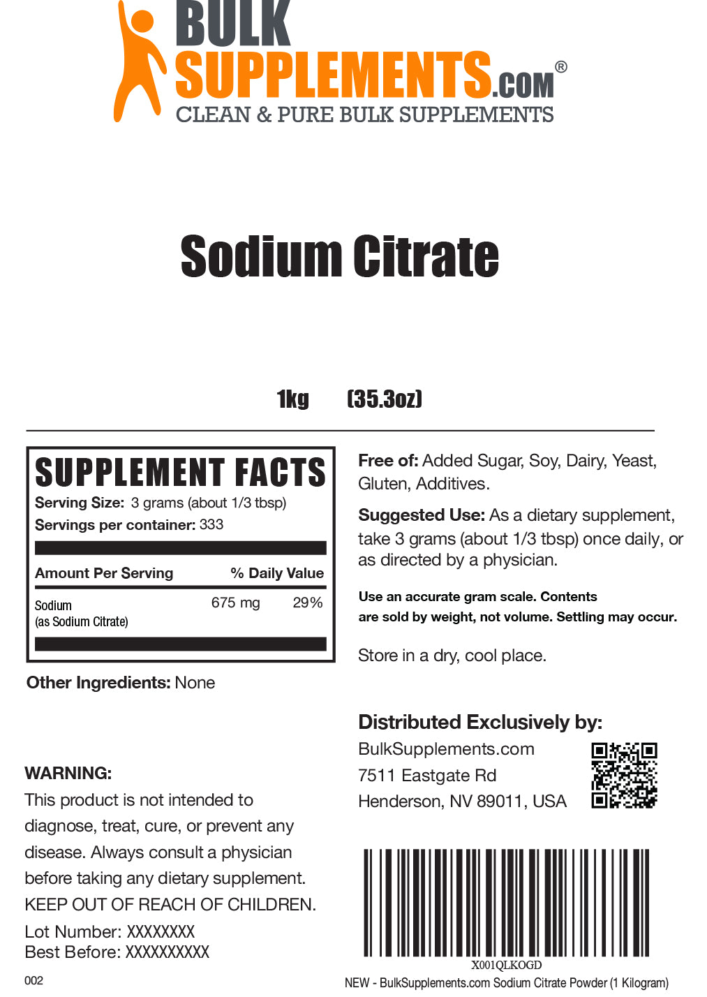 Sodium citrate powder label 1kg