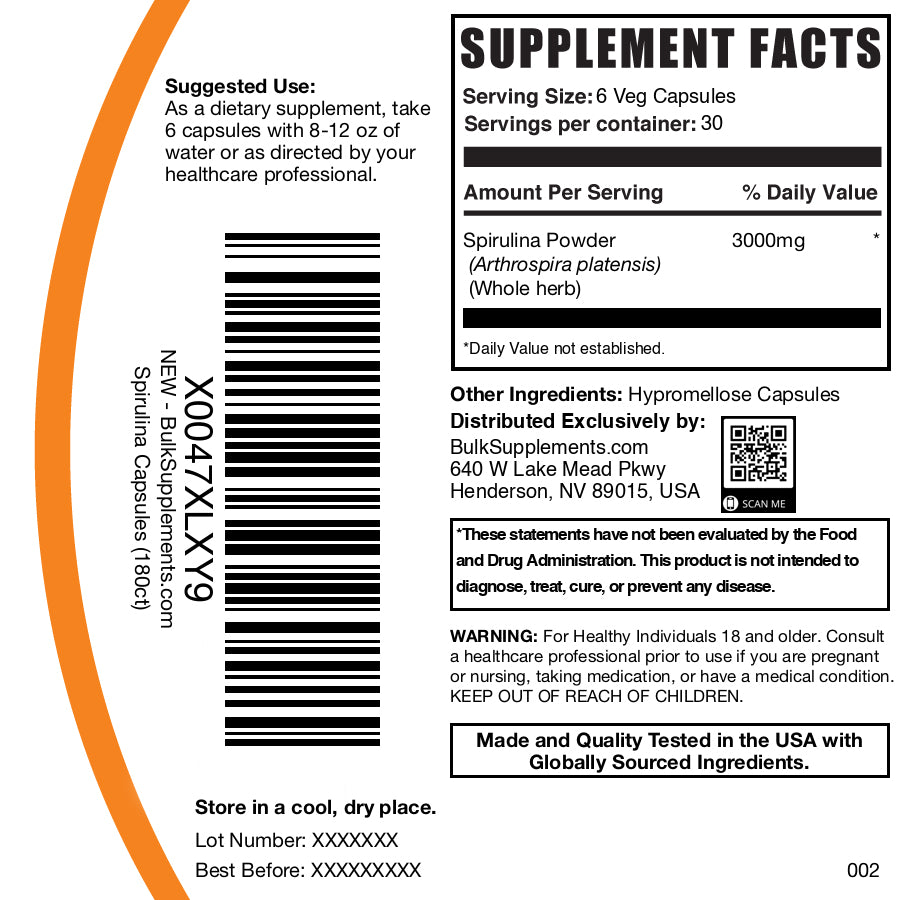 Spirulina 180 capsules label