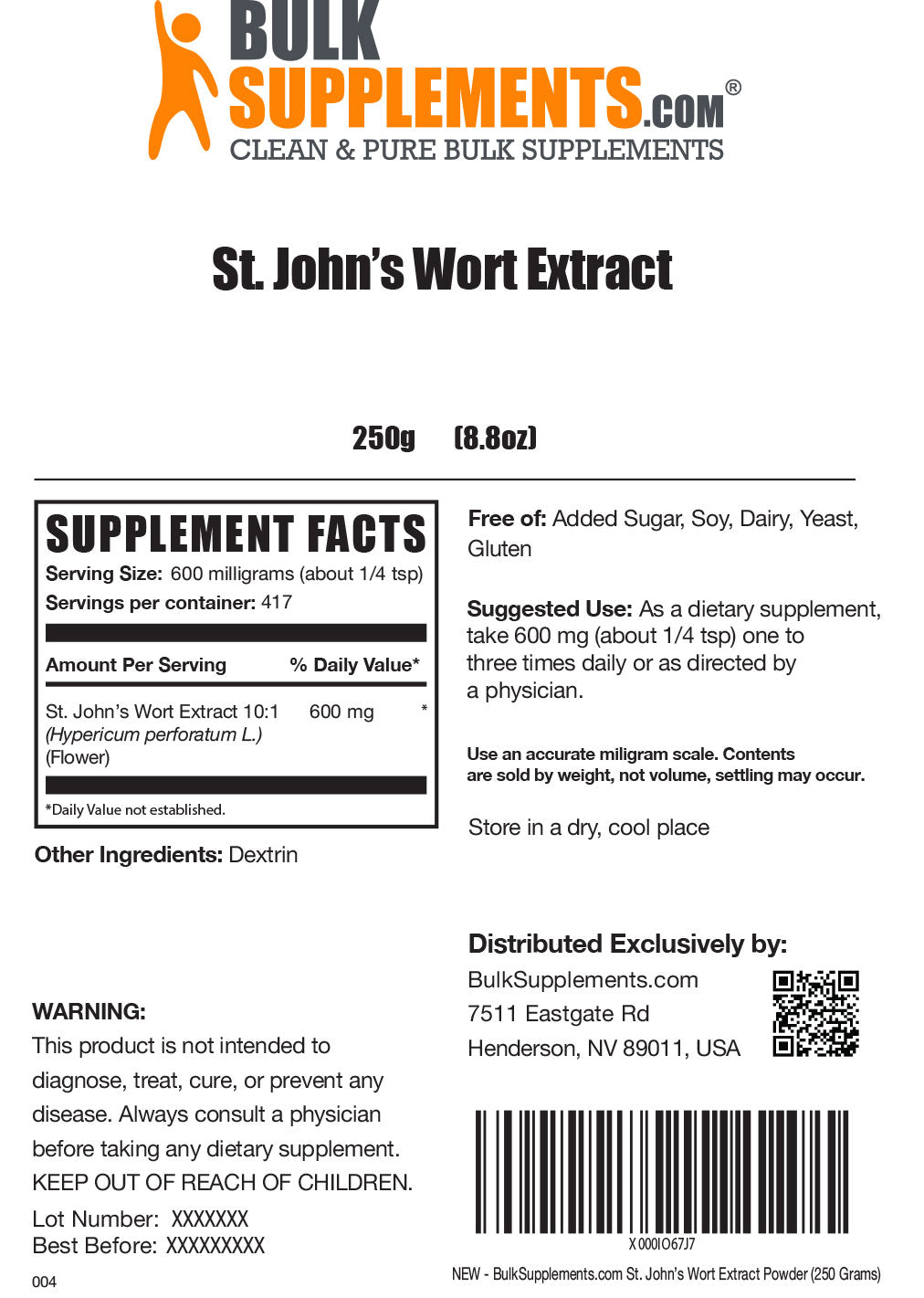 St. John's Wort Extract Powder Label 250g