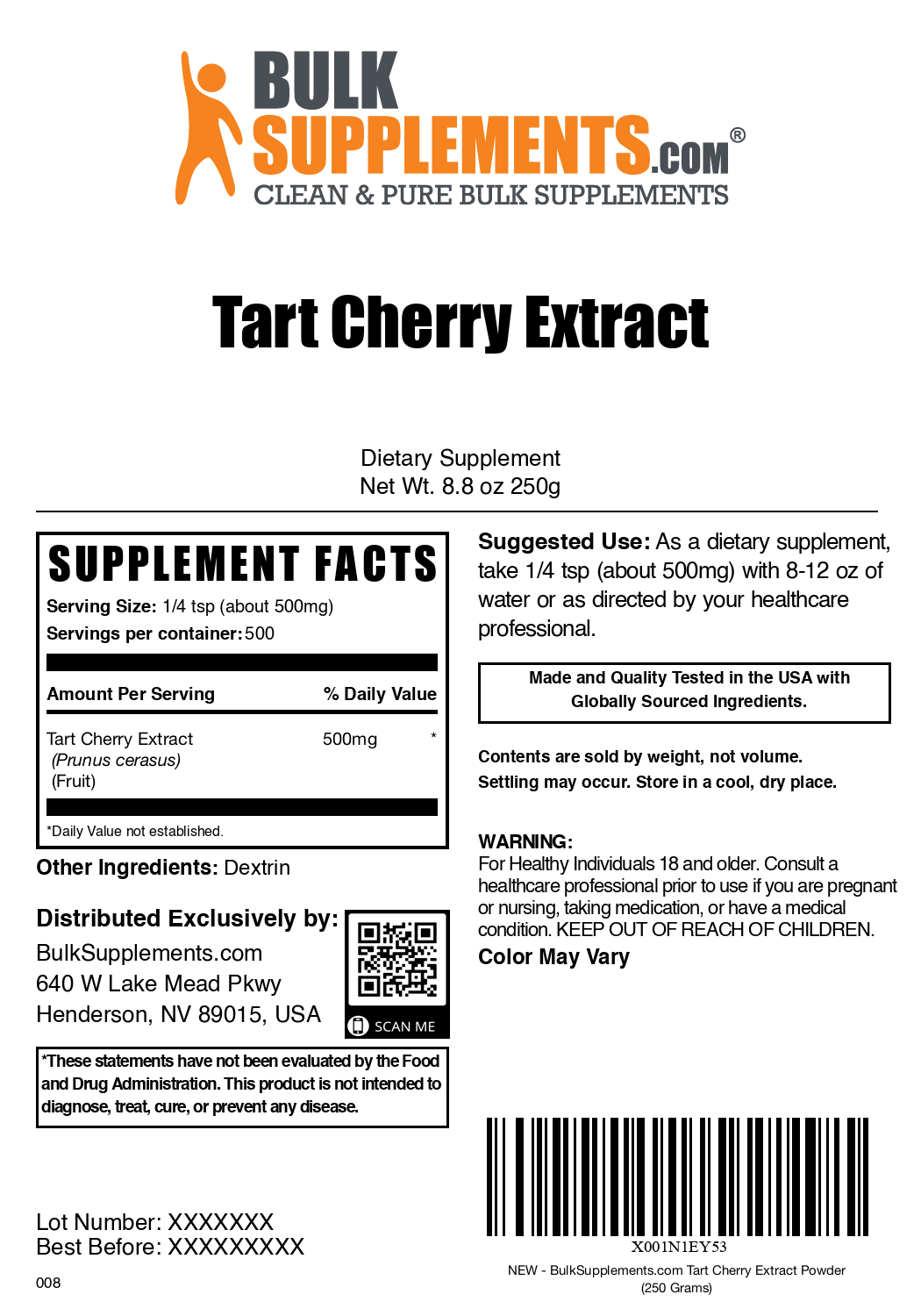 Tart Cherry Extract powder label 250g