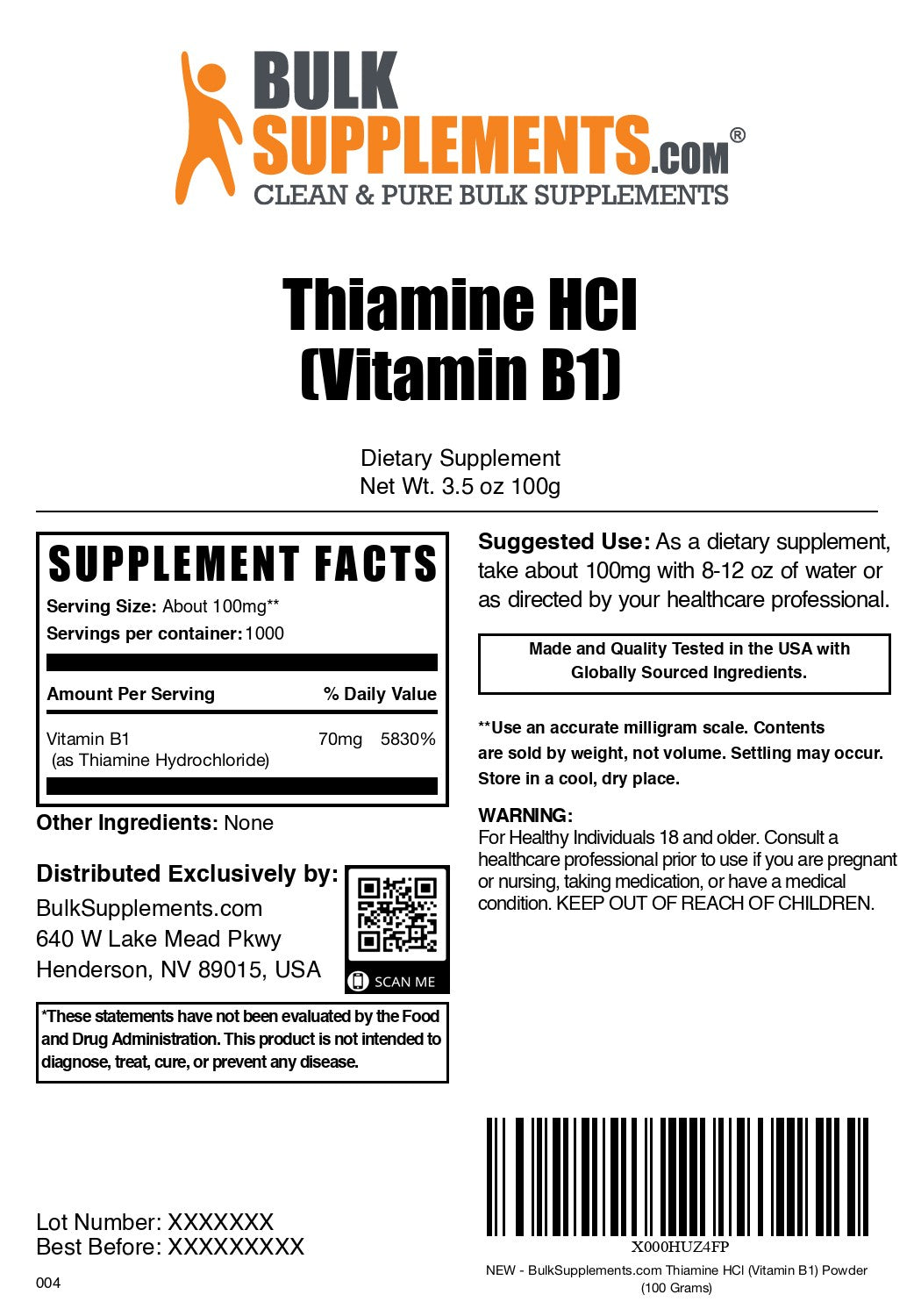 Thiamine HCL (Vitamin B1) 100g label