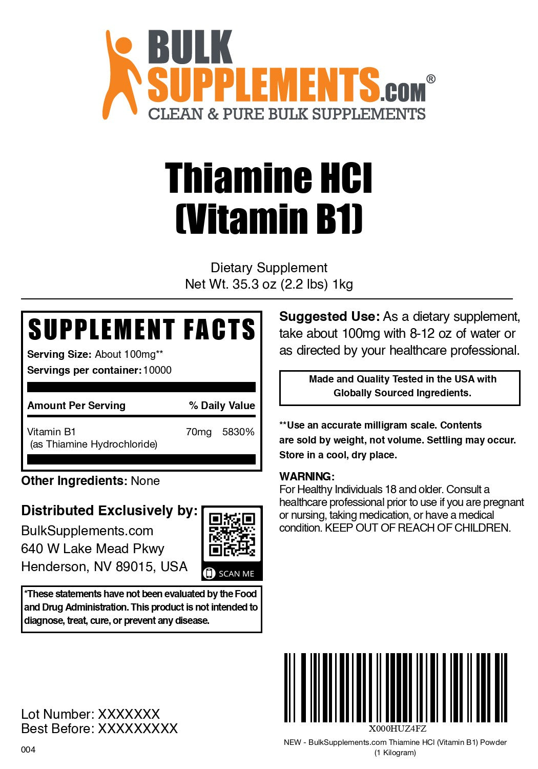 Thiamine HCL (Vitamin B1) 1kg label