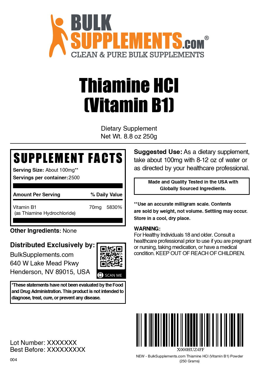 Thiamine HCL (Vitamin B1) 250g label