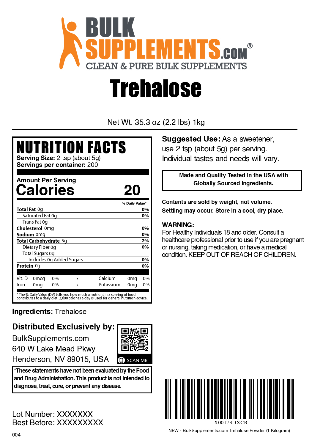 Trehalose Powder 1kg Plain Label