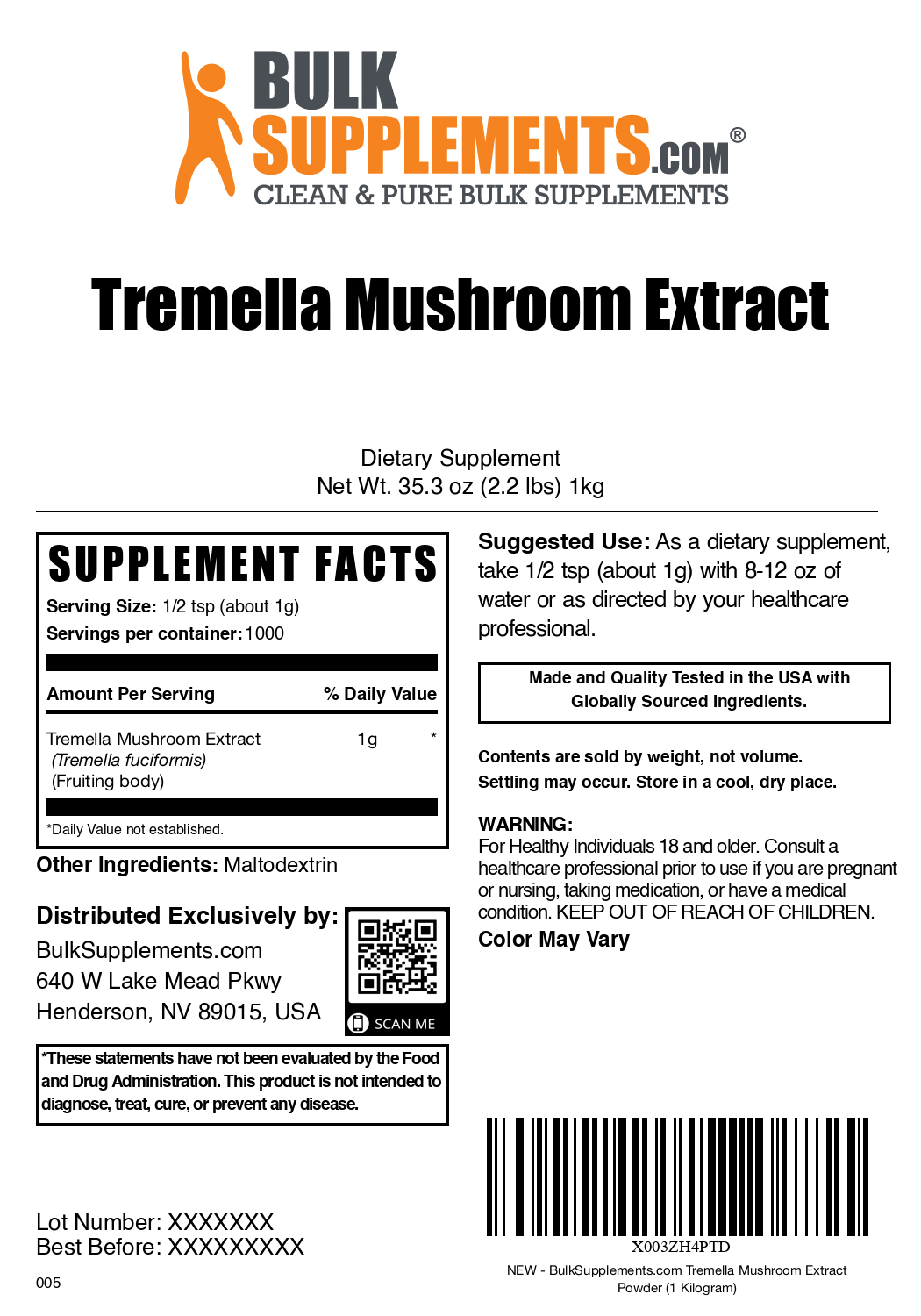 Tremella Mushroom Extract Powder Plain Label