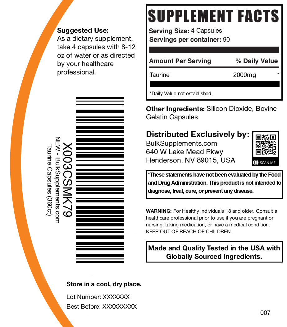 Taurine 360 capsules label